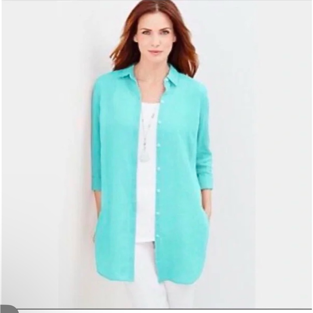 J Jill Button-Up 100% Linen Tunic Caribbean Sea foam blue aqua green